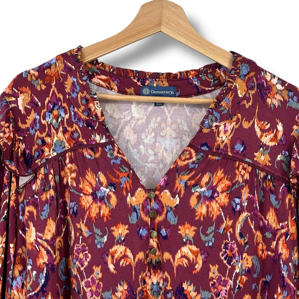 New Democracy Ruffle Collar Floral Print Knit Shirt Plus Size 3X Berry Purple - Picture 3 of 11